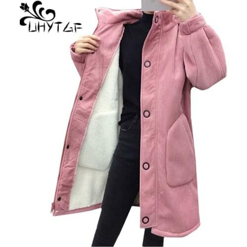 UHYTGF Plus size parkas mujer High quality corduroy thick winter Cotton coat plus velvet Hooded windproof warm parka women 210
