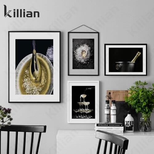 Coffee Shop Decoration Wall Art Canvas Painting Golden Champagne Armand De Brignac Oyster Nordic Posters and Prints Wall Decor