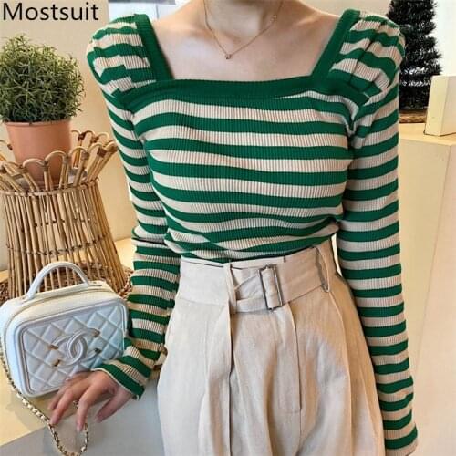 Green Color-blocked Striped T Shirt Tops Women Full Sleeve Square Collar Tees Pullovers Korean Fashion Ladies T-shirts 2021