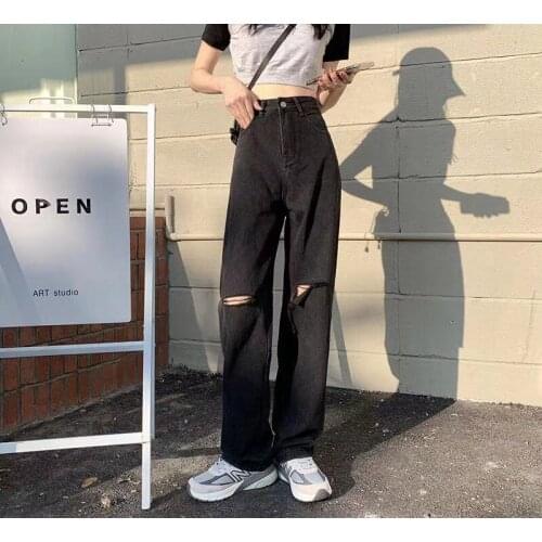 Harajuku Summer Womens Jeans Retro High Waist Ripped Straight Casual Pants Chic Wide Legs Hip Hop Mop High Street Women