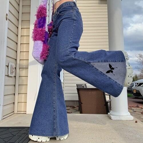 YICIYA Y2K Baggy Low Rise Wide Leg Jeans Women Butterfly Print Patchwork Streetwear Flare Pants Vintage E Girl Denim Trousers