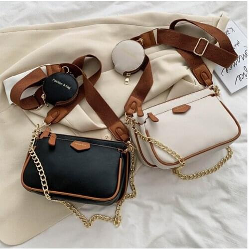 Women Chains Shoulder Bags Wide Strap Messenger Bags Pu Leather Crossbody Bags Lady Purse 3 Bag Set Female Solid Color Handbags