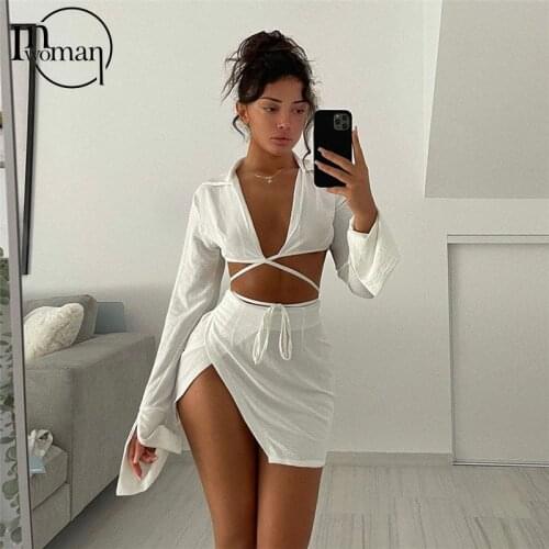 Inwoman Sexy White Drawstring Long Sleeve Crop Top Summer Two Piece Slit Mini Skirt Set Women Club 2 Piece Skirts Outfits 2021