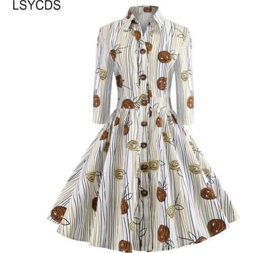 LSYCDS Vintage Dress Women Floral Button Up Rockabilly Tie Back 3/4 Sleeve Turn-down Collar Retro Dresses