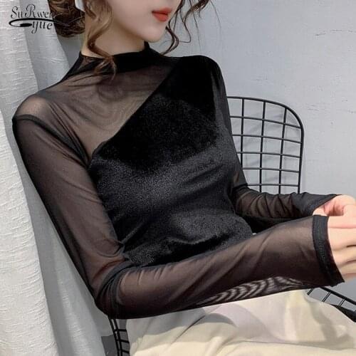 Winter 2020 New Fashion Bottoming Shirt Mesh Splicing Tops Slim Long Sleeve Half Turtleneck Pullover Solid Shirts Blusas 11415