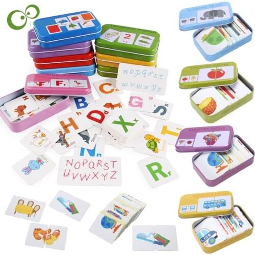 1Set Baby Cognition Puzzle Toys Toddler Kids Iron Box Cards Matching Game Cognitive Card Car Fruit Animal Life Puzzle Gifts YJN