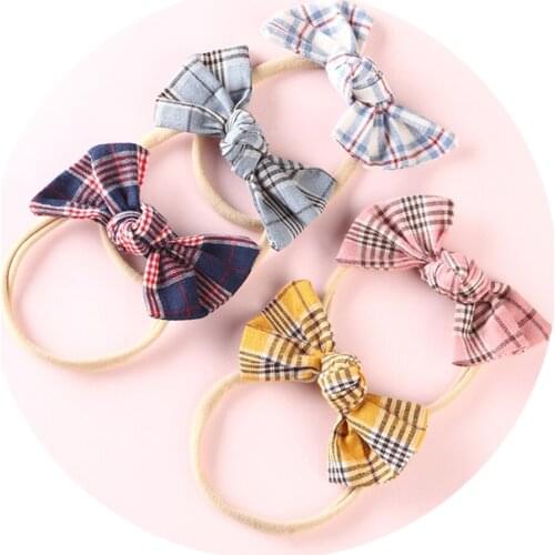 5pcs/lot Cute Plaid Hair Bow Elastic Hairband Nylon Headband For Girls Baby Accessories Stretch Headwear Baby Hair Accessories