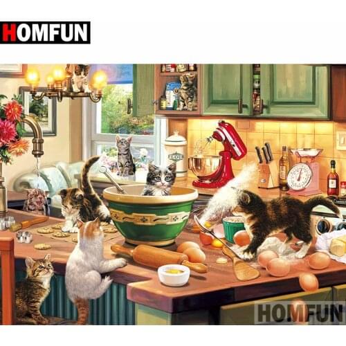HOMFUN Full Square/Round Drill 5D DIY Diamond Painting "Animal cat kitchen"3D Diamond Embroidery Cross Stitch Home Decor A20160