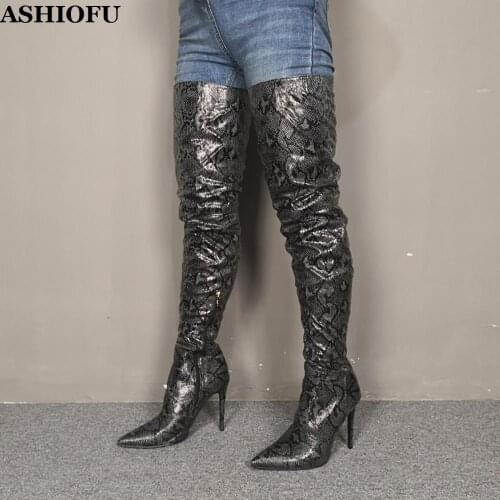 ASHIOFU Handmade Ladies High Heel Boots Printing-snake Leather Party Over Knee Boots Pointy Western Evening Fashion Boots Shoes