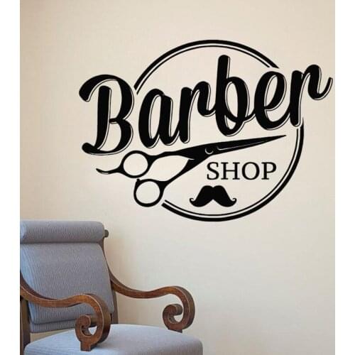 Baeber Shop Logo Wall Vinyl Decals Removable Window Haircut Styling Wall Sticker Hair Scissor Mustache Design Wall Poster AZ051