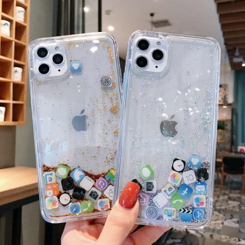 Dynamic Quicksand Phone Case For iPhone 11 Pro Max X XR XS MAX 8 7 6 6s Plus Apps Icon Glitter Silicone Hard Cover For iPhone 12