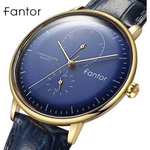 Fantor Brand Classic Men Luxury Chronograph Blue Leather relogio masculino Quartz Watch for Men Wrist