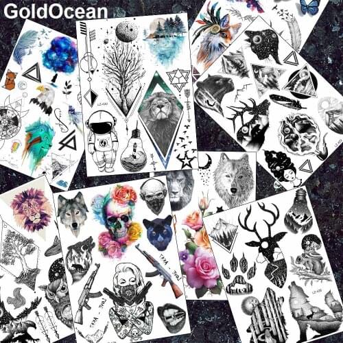 GoldOcean Flash Diamond Lion Fake Tree Moon Men Tattoos Stickers Women Arm Wrist Custom Tattoo Temporary Black Body Art Tatoos