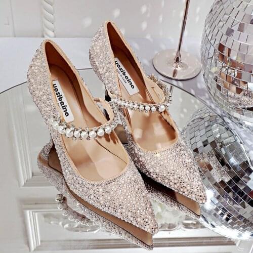 Hot Rhinestone Pointed High Heels New Single Shoes Womens Pumps Bridesmaid Rhinestone Crystal Pearl Retro Wedding Shoes