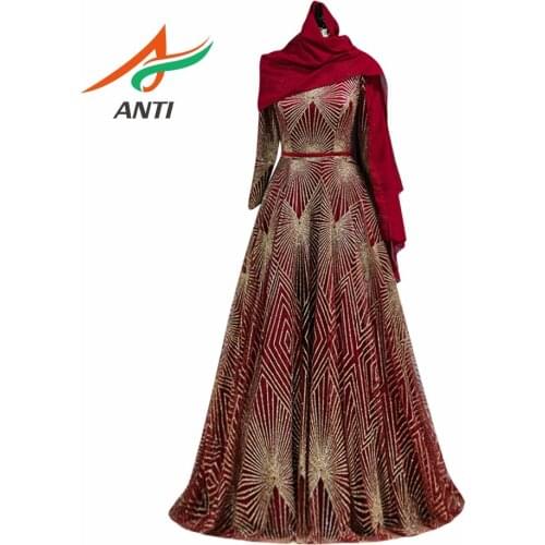 ANTI Luxury Lace Sequin Evening Dress Long sleeve Muslim robe de soiree Scarf Pattern Elegant A-Line Floor-Length For Party gown