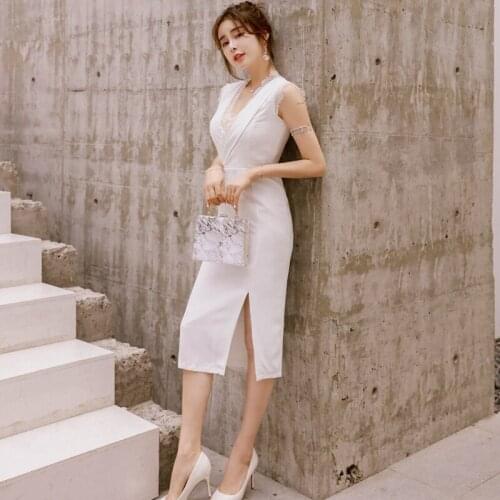 Summer Lace Patchwork Vintage Bodycon Dresses Black V Neck Sleeveless Womens Dress Office Ladies Split Sexy Party Dress Vestidos