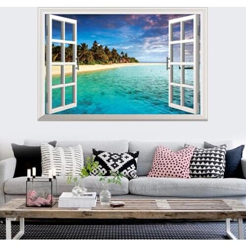 False window landscape Beach seascape Wall Stickers PVC Material Beach island Wall Decals For Living room Bedroom Decor Murals