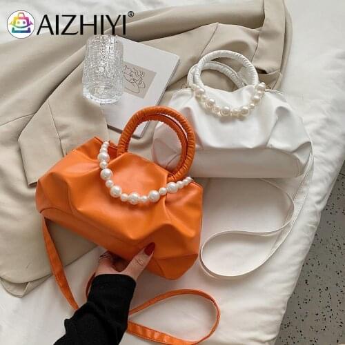 Fashion Women PU Leather Solid Color Shoulder Crossbody Messenger Bag Casual Ladies Pearl Chain Small Handbags Purse