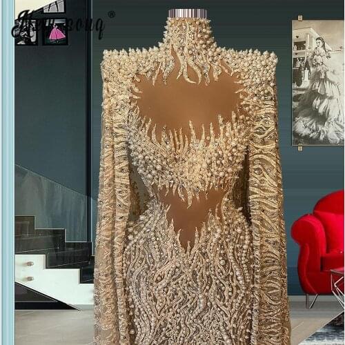 Muslim Pearls Long Sleeve Wedding Dress 2021 African Luxury Rhinestones Bridal Gowns Mermaid White Ivory Wedding Gown Bride