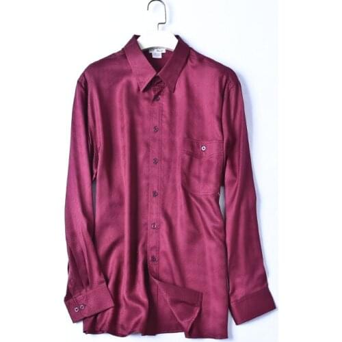 100% natural silk Mens Blouses OL Wine Red Long Sleeve Real Silk Business Shrits Tops Work Office Wear Shirt Casual Shrits