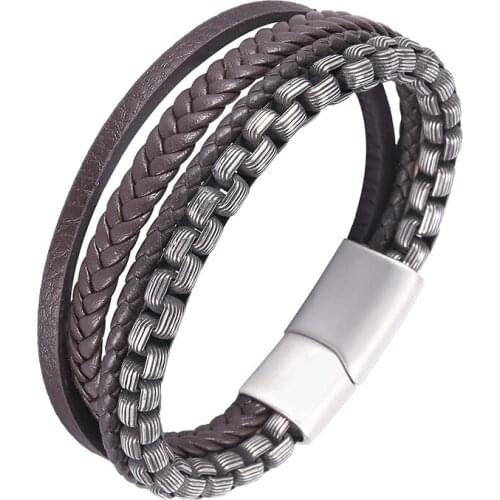 Male Jewelry Brown Leather with Stainless Steel Chain Stitching Combination Men Bracelets Magnetic Clasp Punk Accessories