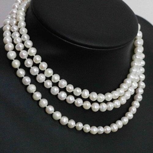 Natural white freshwater cultured round pearl 7-8,8-9mm hot beads long chain necklace fashion women jewelry 46inch B1483