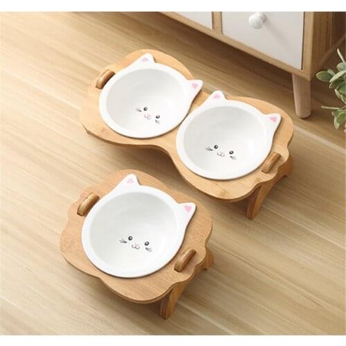 New Pets Double Bowl Dog Cat Food Water Dog Feeder Stand Raised Ceramic Dish Bowl Wooden Table Cute Cat Bowl Pet Supplies dog