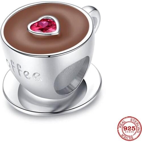 New S925 Sterling Silver Beads Coffee Cup Charm With Red Zircon Bead Fit Original Pandora Bracelets Women DIY Jewelry