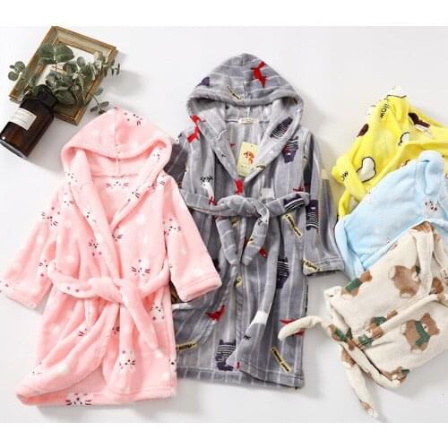 Autumn Winter Children Sleepwear Robe Flannel Hooded Warm Bathrobe Kids Pajamas For Boys & Girls Lovely Cartoon Animals Robes
