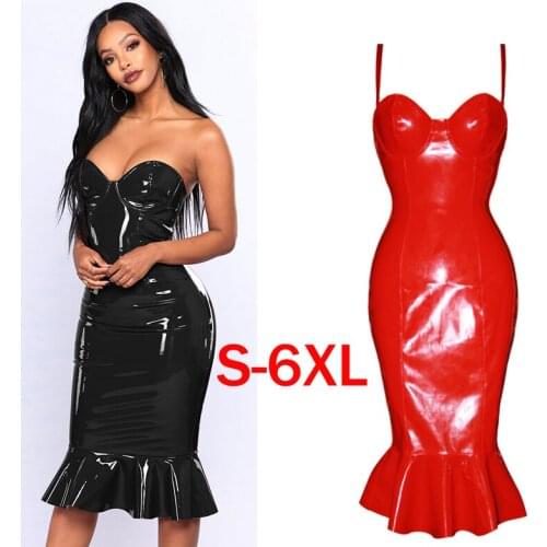 Plus Size Dress 5XL 6XL Black Red Women PVC Leather Mermaid Dress Sexy Strapless Knee Length Fishtail Dress Bondage Club Wear