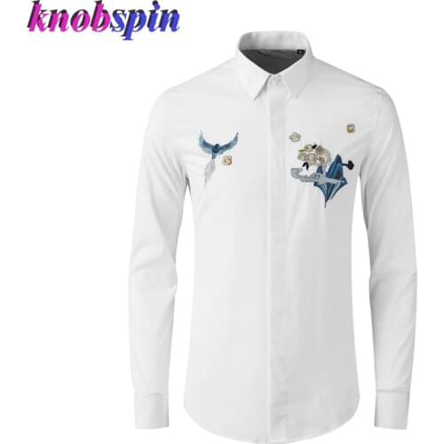 Landscape Embroidery Men shirt high quality long sleeve Slim Casual Cotton Shirts for men Plus size M-4XL Solid Chemise homme