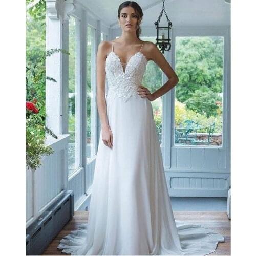 Ivory Lace Chiffon V-Neck Spaghetti Straps Floor-Length A-Line Wedding Dresses Chapel Train Sleeveless Bridal Gowns