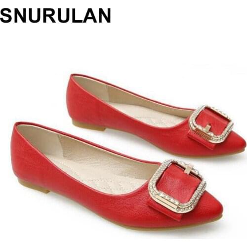 SNURULAN34~43 Women Plus Size Crystal Flat Shoes Rhinestone Buckle Single Shoes Womens Leather Moccasins Flats Ladies Slip On
