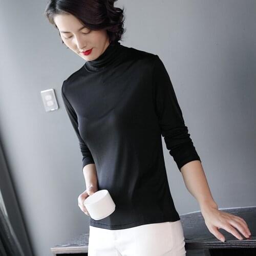 A Heavy Fall Of Silk Knitted T-shirt Women Slim Long Sleeved Shirt 145g/m Thickened Double Knitted Fabric