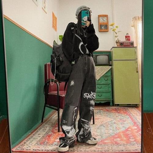 2021 Gothic Baggy Jeans Women Punk Hippie Streetwear Print New Y2K Wide Leg Trousers Harajuku Grunge Denim Pants Vintage 90s