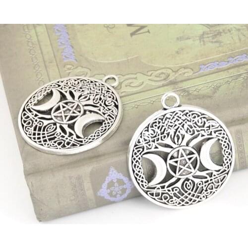 5pcs Silver Color Triple Moon Goddess Charms Wicca Pentagram Magic Tree Pendant For DIY Handmade Jewelry Accessorie 38.5x34mm