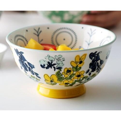 6 Inch Hand Painted Underglaze Color Ceramic Bowl Yellow Flower Tableware Non-slip Bowl for Noodle Rice Soup Dessert