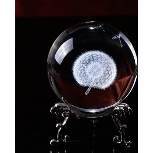 6cm/8cm 3D Laser Engraved Dandelion Crystal Ball Feng Shui Flower Globe Glass Ball Home Decoration Accessories Gifts