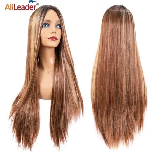 Alileader Cheap Long Straight Highlight Wigs For Black Women Mixed Blonde Brown Wig Synthetic Hair Wigs With Natural Hairline