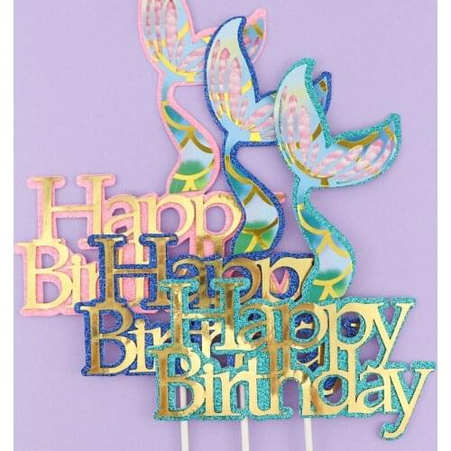 Mermaid Tail Happy Birthday Cake Topper For Mermaid Theme Birthday Decorations Kids Girl Favors Supplies