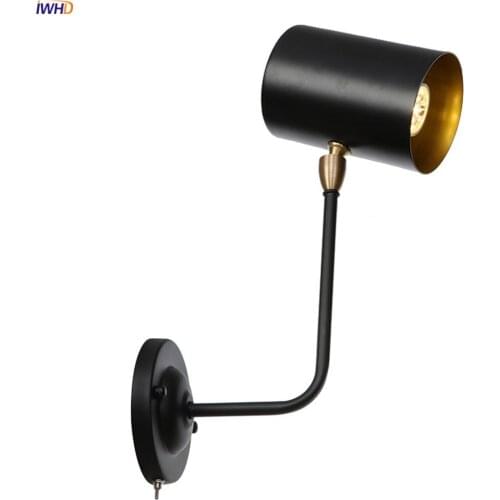IWHD Switch Antique Vintage Wall Lamp Bedroom Bathroom Stair Black Iron Metal Loft Industrial Wall Light Sconce Wandlamp LED
