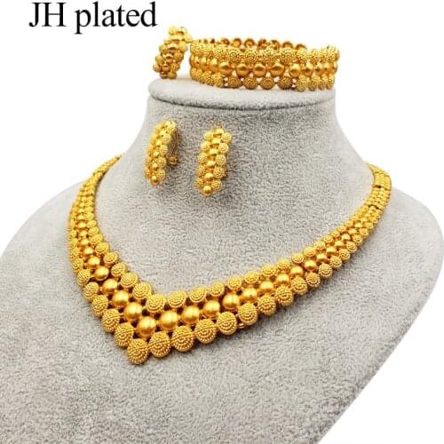 Nigeria Dubai Gold color jewelry sets African bridal wedding gifts party for women Bracelet Necklace earrings ring set collares