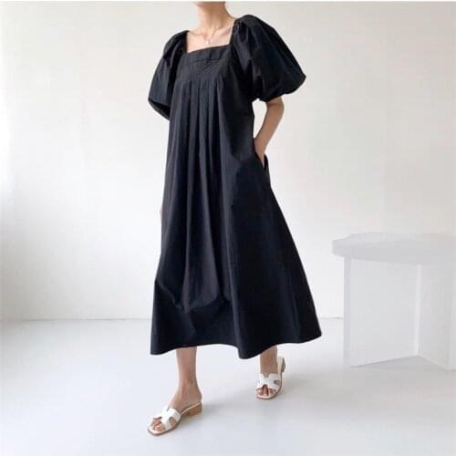 Korea Summer Niche Retro Square Collar Exposed Clavicle Pleated Loose Mid-length Puff Sleeve Dress Women