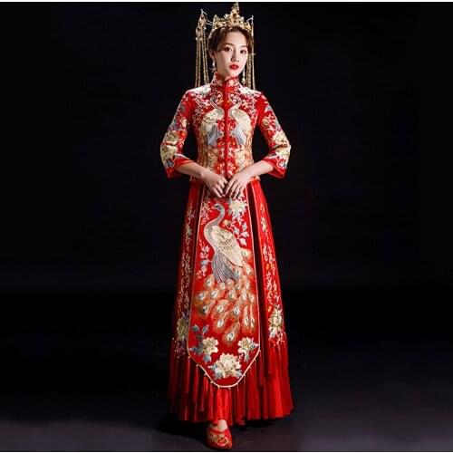 Red Champagne Bride Banquet Costume Couple Modern Chinese Wedding Dress Long Traditional Clothes China Qipao китайская одежда