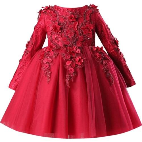 Long Sleeve Baby Girls Princess Dress Appliques Lace Christening Wedding Birthday Dress Pageant Party Bridesmaid Formal Clothes