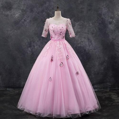 Sweet Pink Formal Quinceanera Dresses Elegant O Neck Ball Gown Lace Embroidery Appliques Tulle Half Sleeve Party Prom Dress