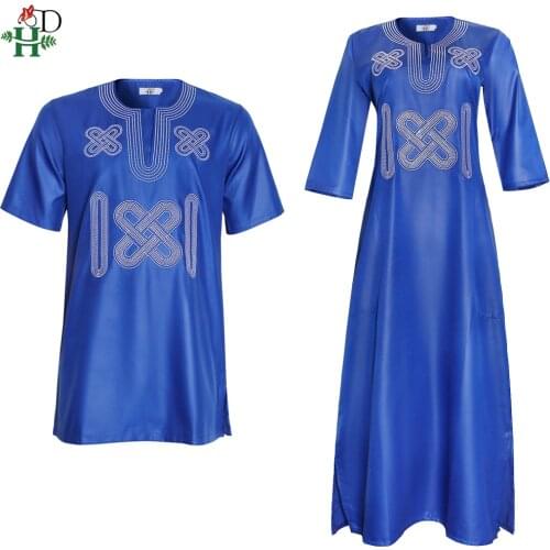 H&D 2021 Fashion Couple Clothes African Dress For Women Embroidery Dashiki Men Shirt Short Sleeve Tops Wedding Party Outfit Robe