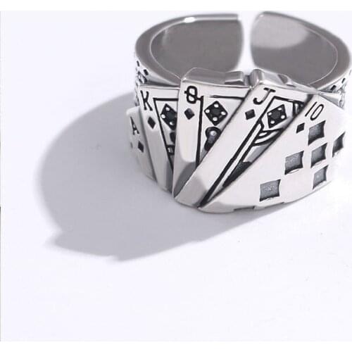 Fashion Retro Personality Punk Metal Alloy Magician Playing Cards Mens Open rRing Jewelry Party God Of Gamblers Gift Adjustable