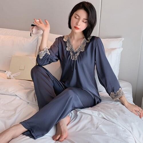 Casual 2PCS Sleepwear Women Satin Pajamas Suit Summer New Pyjamas Intimate Lingerie Silky Bathrobe Lace Shirt&Pants Sleep Set