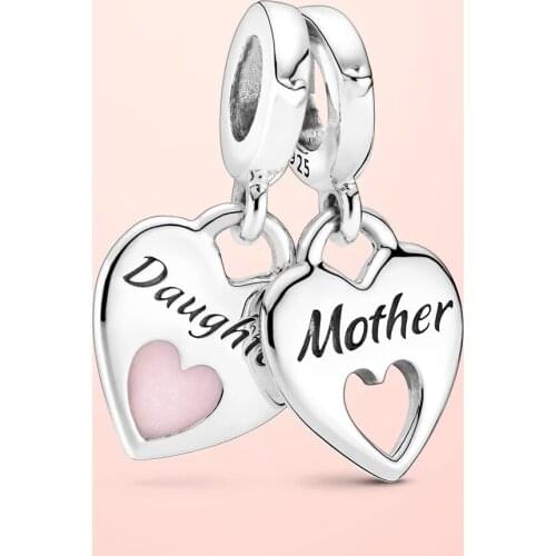 New 100%925 Sterling Silver Beads double heart spilt dandle charm fit Original Pandola Bracelet 2021 women DIY fine Jewelry Gift